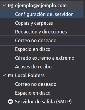 Panel de configuración de la cuenta de Thunderbird con la sección Correo no deseado marcada