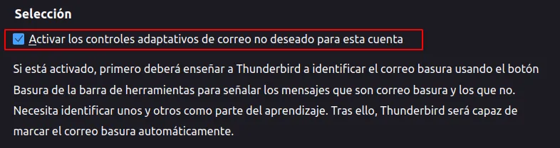Casilla de controles adaptativos de correo no deseado activada