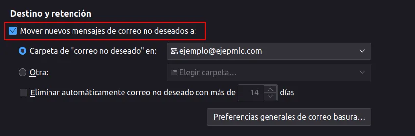 Sección Destino y retención con la opción de mover el correo no deseado activada