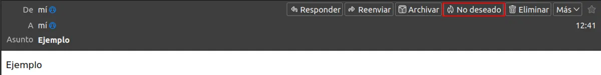 Barra de herramientas de un correo en Thunderbird con el botón 'No deseado' resaltado