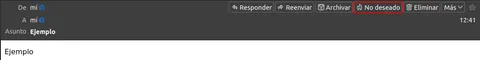 Barra de herramientas de un correo en Thunderbird con el botón 'No deseado' resaltado