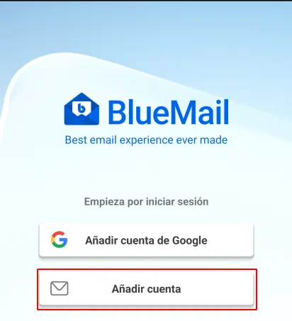 Pantalla de inicio de BlueMail con la opción Añadir cuenta marcada