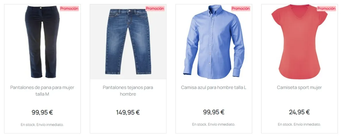 Listado de productos con badge de "Promoción" en varias prendas