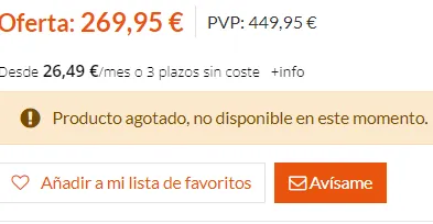 Botón "Avísame" en la ficha de un producto agotado, junto al precio y al aviso de "Producto agotado, no disponible en este momento"