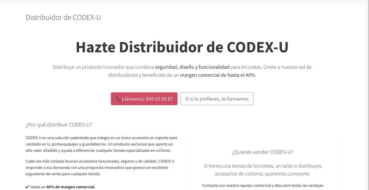 Página de captación de distribuidores de Codex-U, con el argumentario comercial y el formulario de contacto