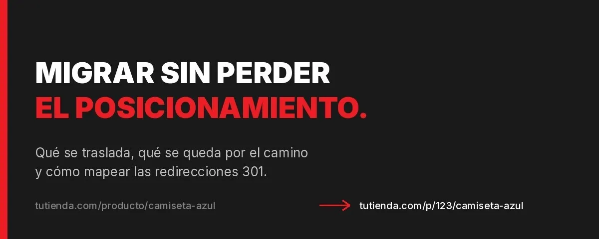 Rótulo «Migrar sin perder el posicionamiento» con una URL antigua de producto apuntando con una flecha a la URL nueva equivalente, como en una redirección 301