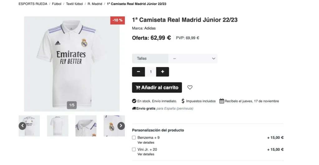 Ejemplo real de una ficha de producto con opciones de personalización adicionales