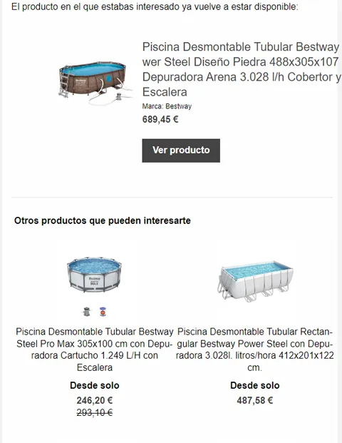 Email de aviso de disponibilidad mostrando el producto que vuelve a tener stock, con productos relacionados