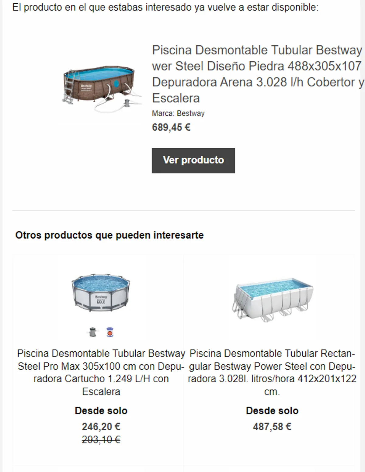 Email de aviso de disponibilidad mostrando el producto que vuelve a tener stock, con productos relacionados