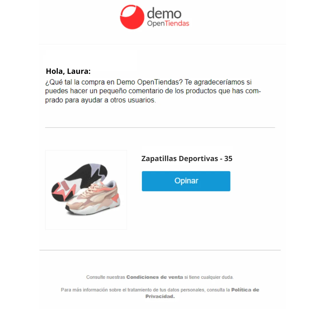 Email automático pidiendo al cliente que valore su compra reciente