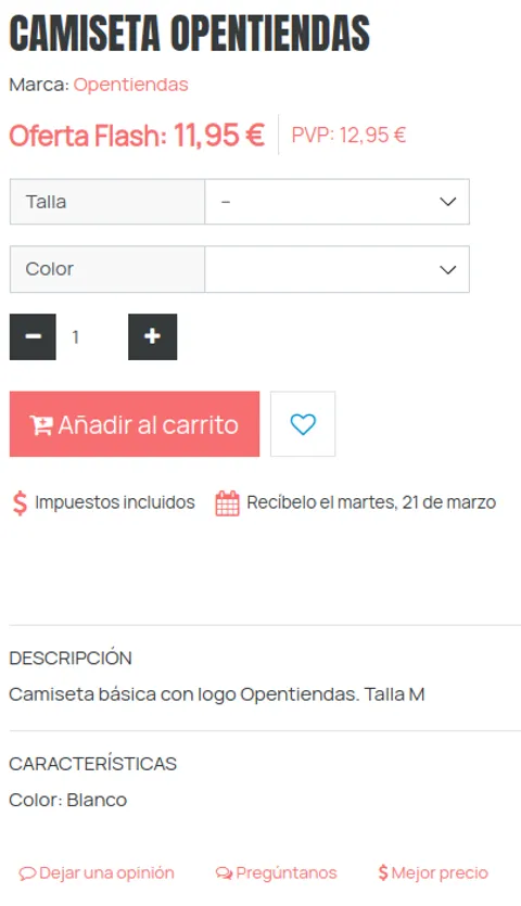 Ficha de producto de una camiseta con selector de talla, color y botón de añadir al carrito