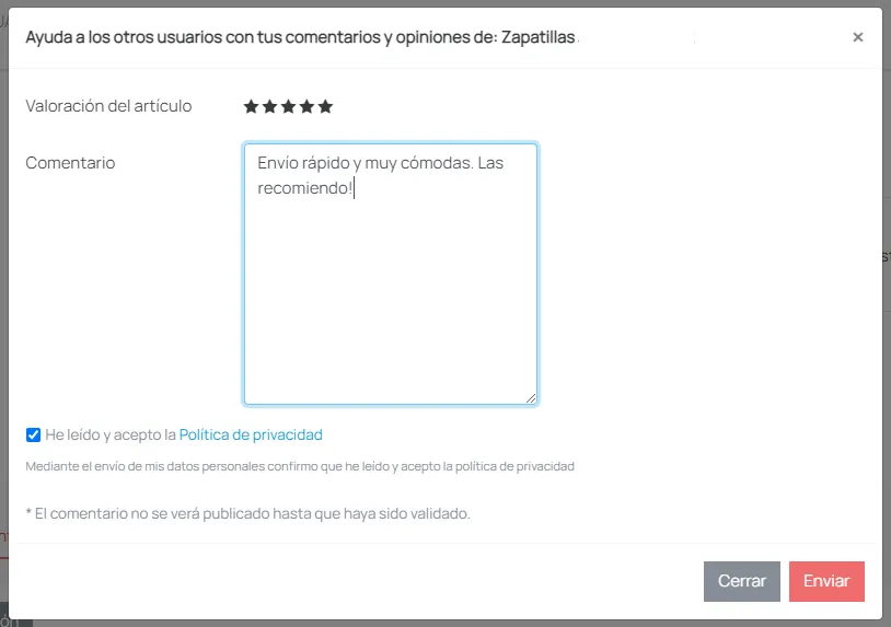 Formulario para dejar una opinión de producto, con valoración por estrellas y campo de texto