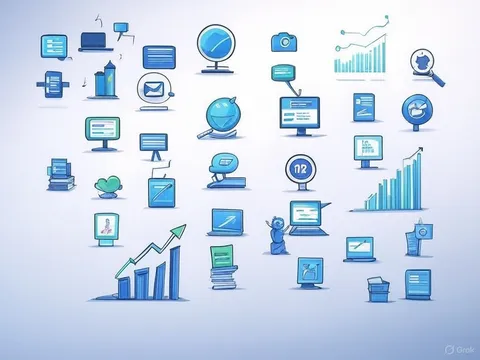 Ilustración con iconos de marketing digital: gráficos de crecimiento, pantallas, email y redes