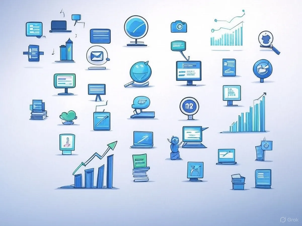 Ilustración con iconos de marketing digital: gráficos de crecimiento, pantallas, email y redes