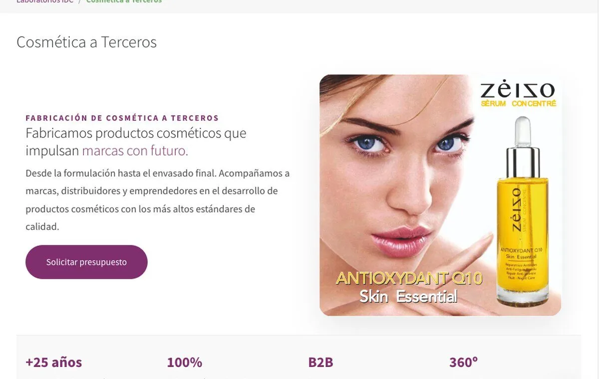 Sección de fabricación de cosmética a terceros de Laboratorios IDC, con el botón de solicitar presupuesto