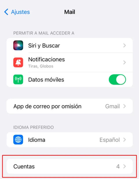Pantalla de ajustes de Mail en iPhone mostrando el acceso a Cuentas de correo