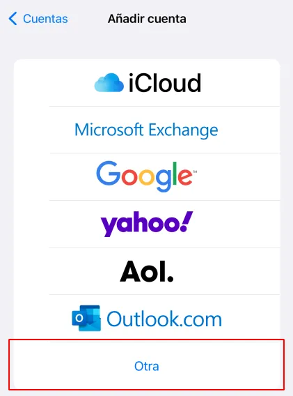 Pantalla de añadir cuenta en iPhone con la opción Otra marcada