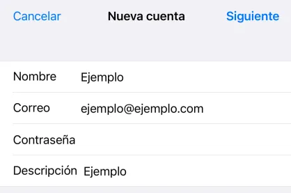 Formulario de nueva cuenta de correo en iPhone con los campos Nombre, Correo y Descripción