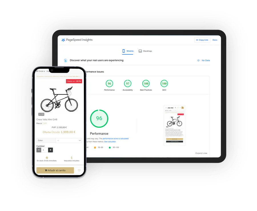 Informe de Google PageSpeed Insights de una tienda recién publicada con OpenTiendas, en tablet y móvil