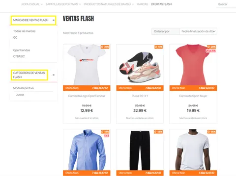 Página de ofertas flash de una tienda online con varios productos en oferta y su cuenta atrás