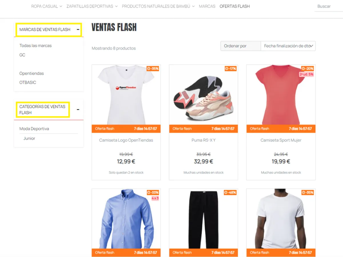 Página de ofertas flash de una tienda online con varios productos en oferta y su cuenta atrás