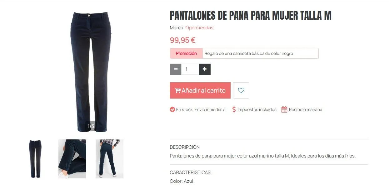 Ejemplo de promoción automática de tipo producto regalo en la ficha de un producto