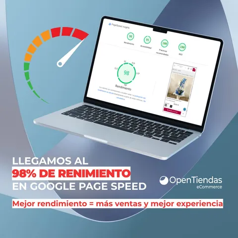 Resultado de Google PageSpeed Insights mostrando un 98% de rendimiento en un portátil