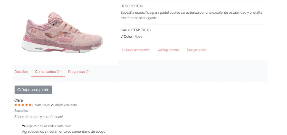 Ficha de producto con una reseña de cliente verificada de 5 estrellas y respuesta de la tienda