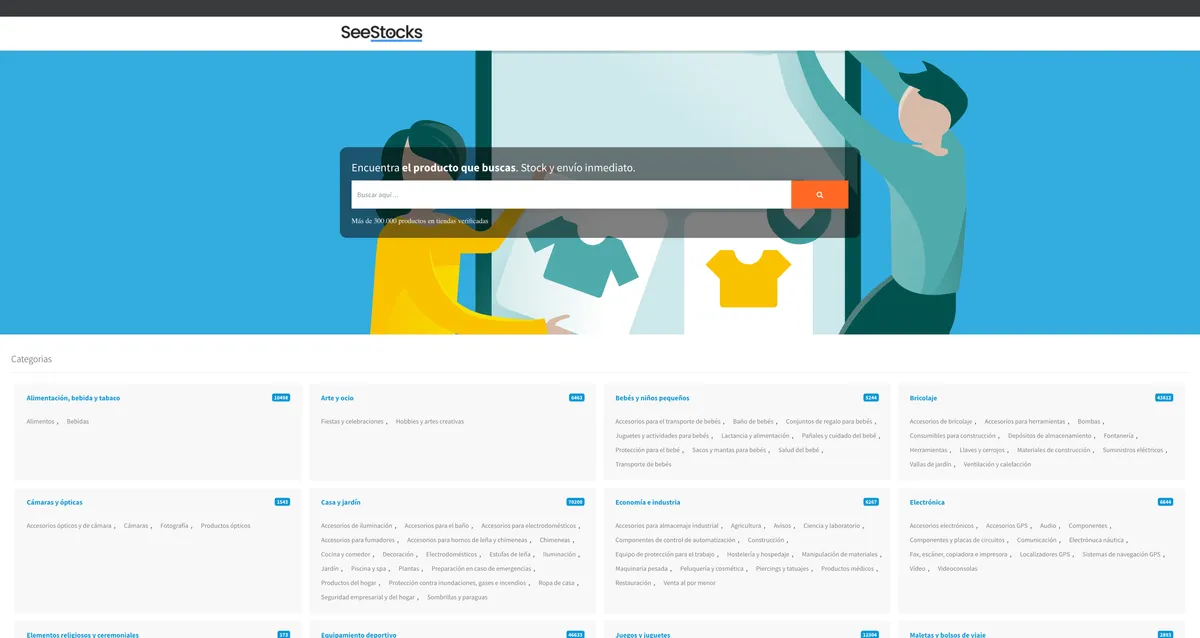 Página de inicio de SeeStocks con buscador de productos y listado de categorías