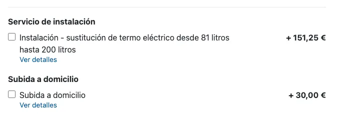 Ejemplo de servicio de instalación como opción adicional en el checkout